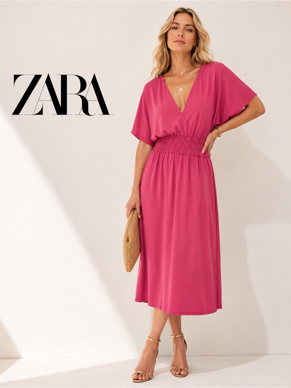 Zara Dark Pink V-Neck Elastic Smocked Waist Midi Dress XL 1198/454